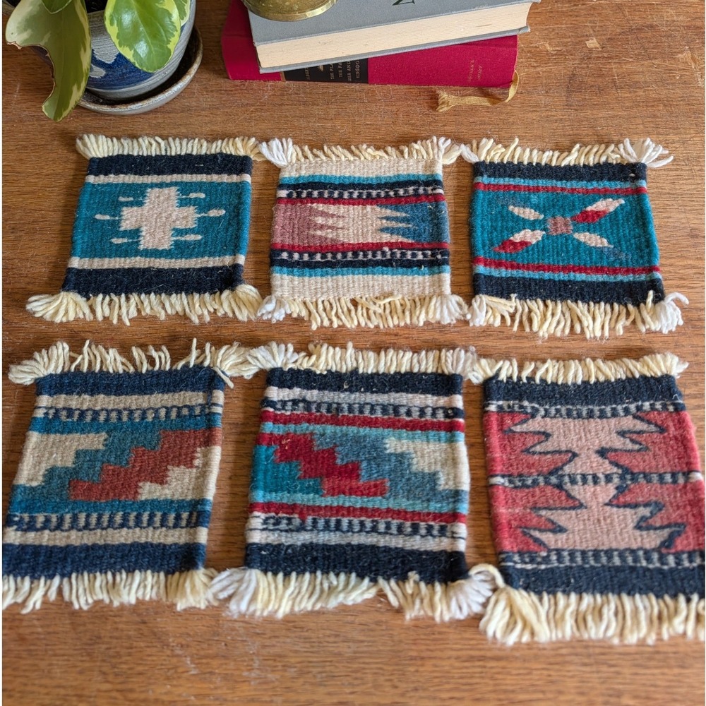 Vtg Handwoven Zapotec Wool Southwestern Coasters Set of 6 Fringed Mini Rugs Boho